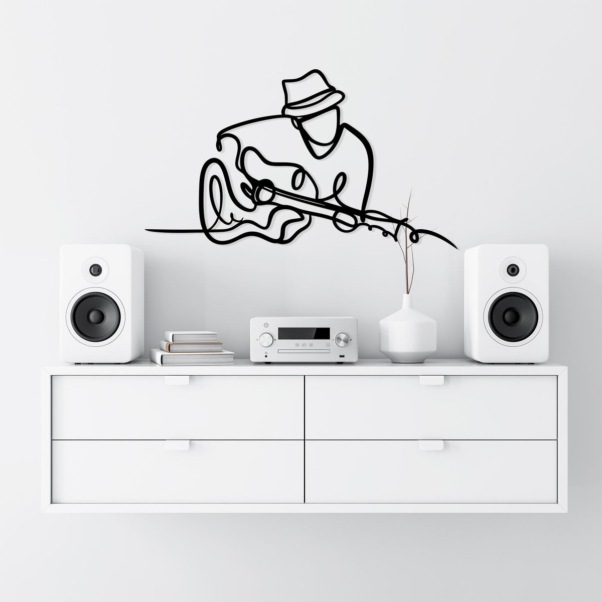 Guitarist Metal Wall Art size guide with dimensions in cm and inches