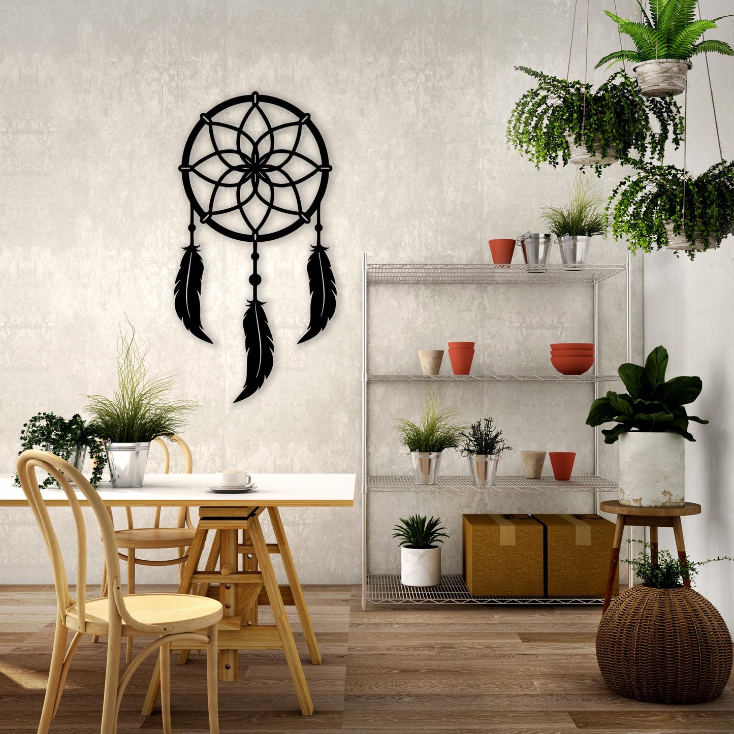 Dreamcatcher Black Metal Wall Art in a modern hallway