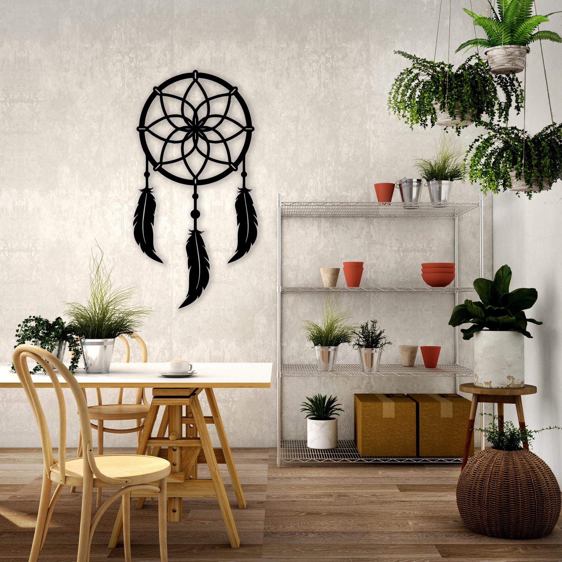 Dreamcatcher Black Metal Wall Art in a modern hallway