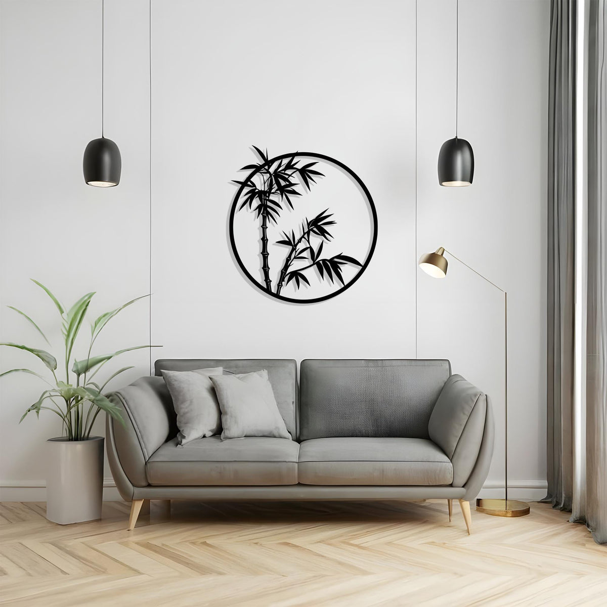 Bamboo Circle Metal Wall Art styled above a sofa