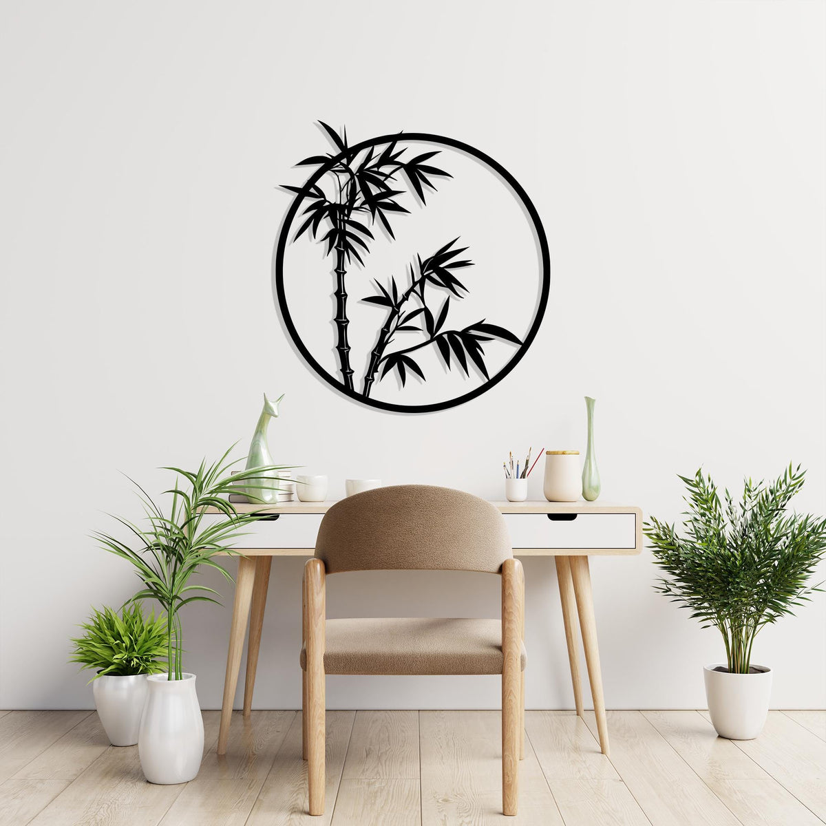 Bamboo Circle Metal Wall Art shown on a living room wall