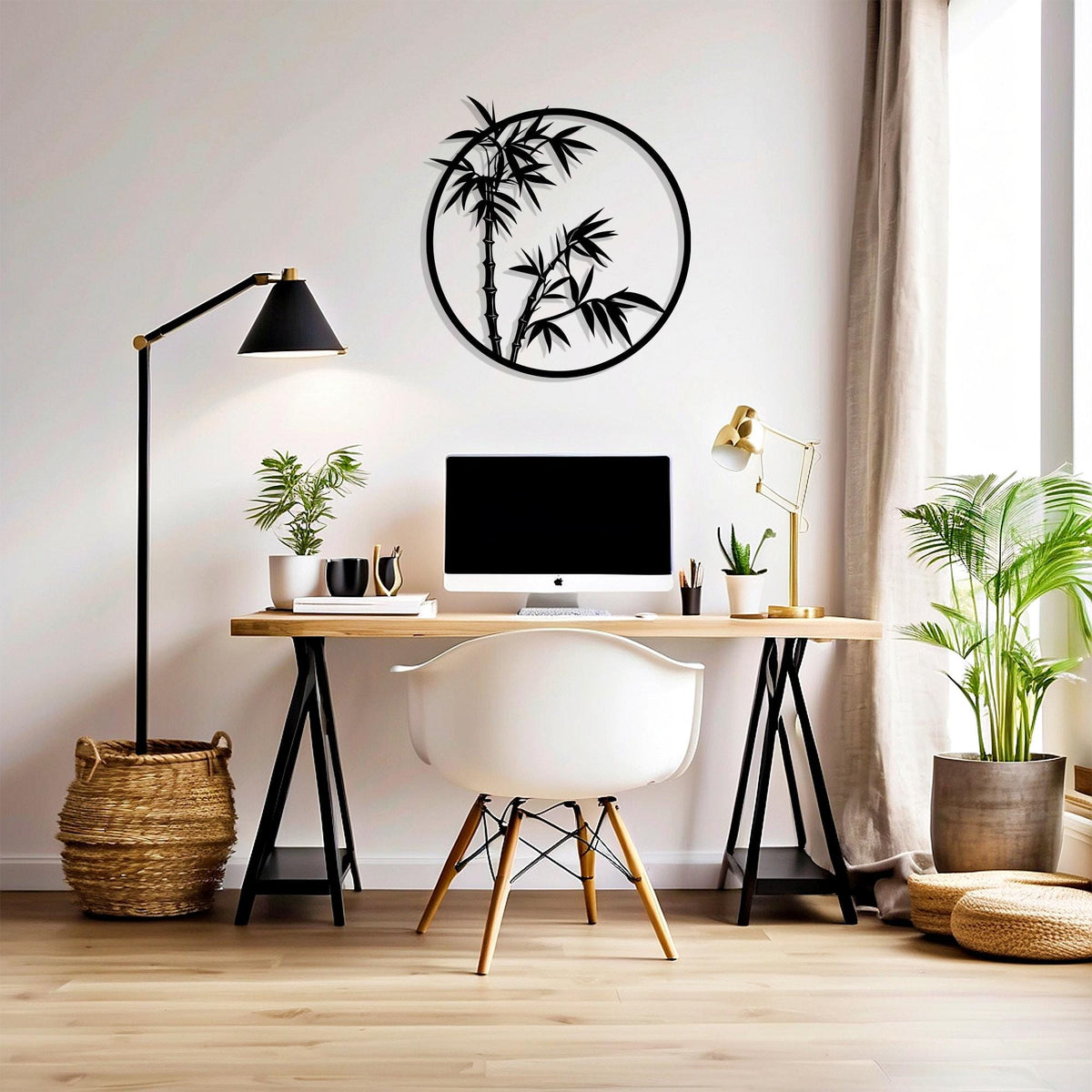 Bamboo Circle Metal Wall Art in a modern hallway