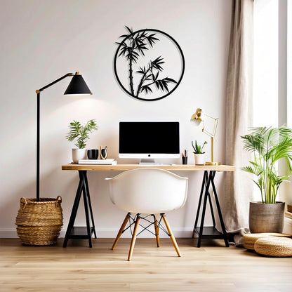 Bamboo Circle Metal Wall Art in a modern hallway