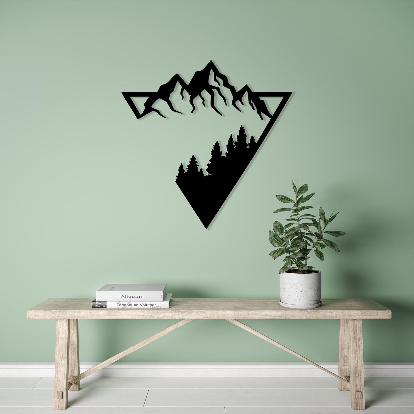 Mountain Forest Metal Wall Art shown on a living room wall