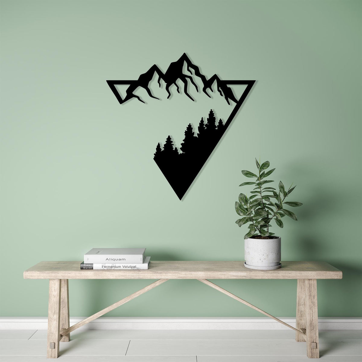 Mountain Forest Metal Wall Art shown on a living room wall
