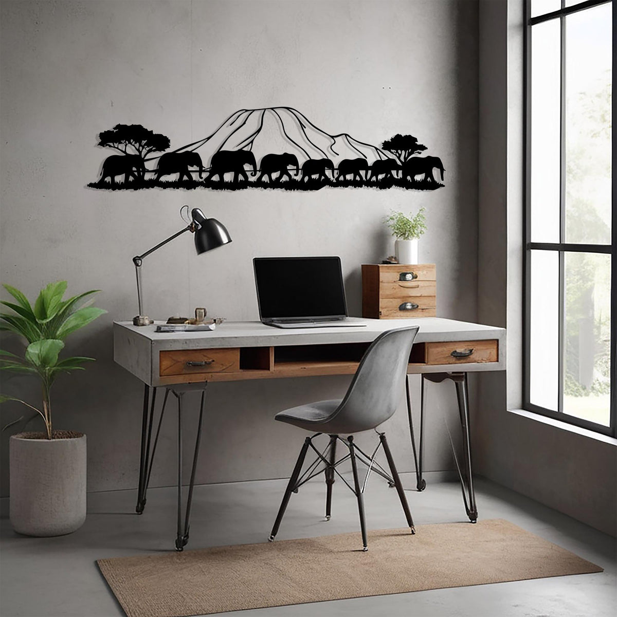 Kilimanjaro Elephant Metal Wall Art hanging hardware and mounting detail
