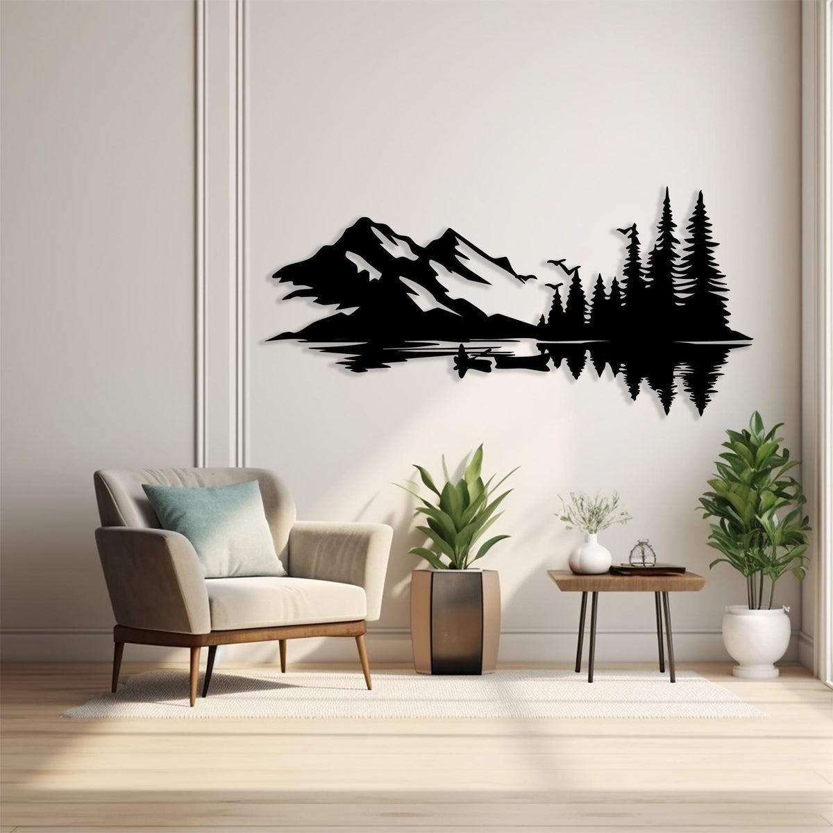 Mountain Lake Canoe Metal Wall Art in a modern hallway