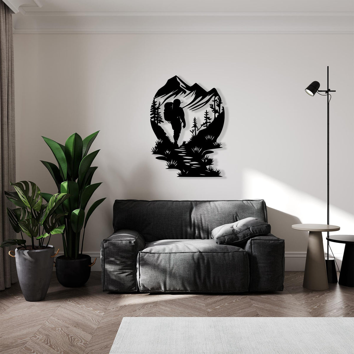 Hiker Metal Wall Art in a modern hallway
