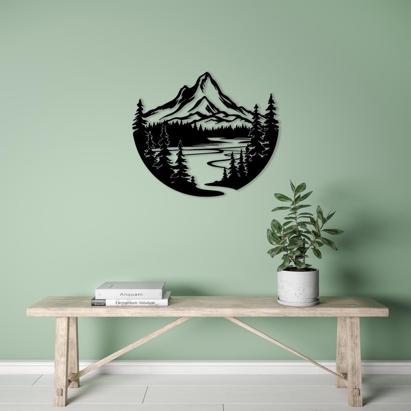Mountain Metal Wall Art size guide with dimensions in cm and inches