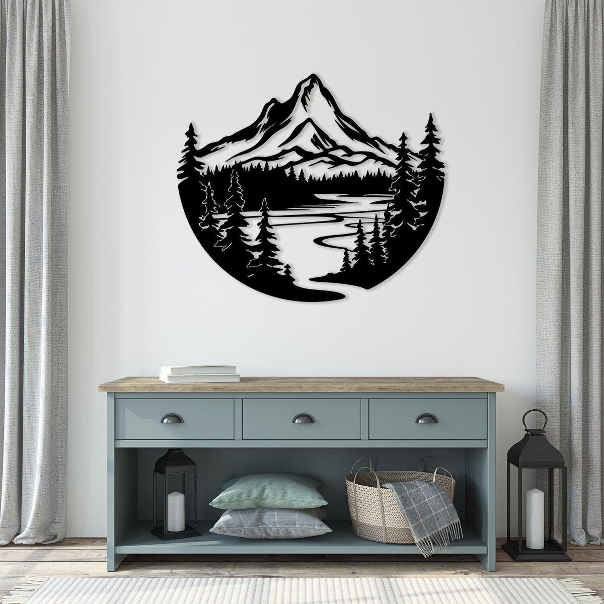 Mountain Metal Wall Art shown on a living room wall