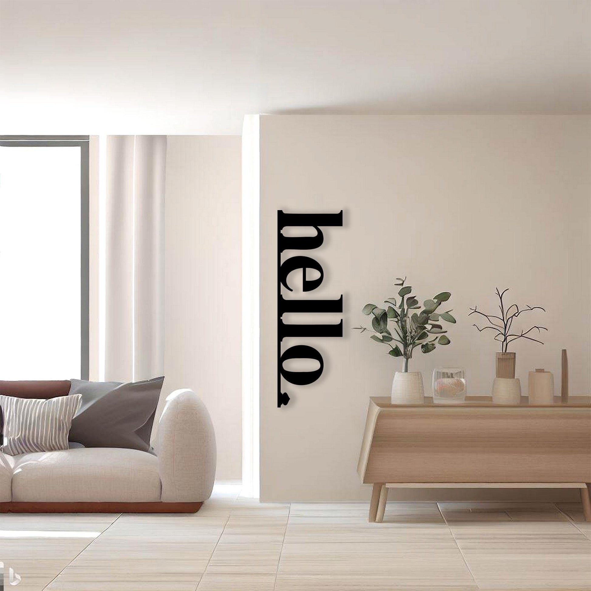 Modern Hello Metal Wall Art in a modern hallway