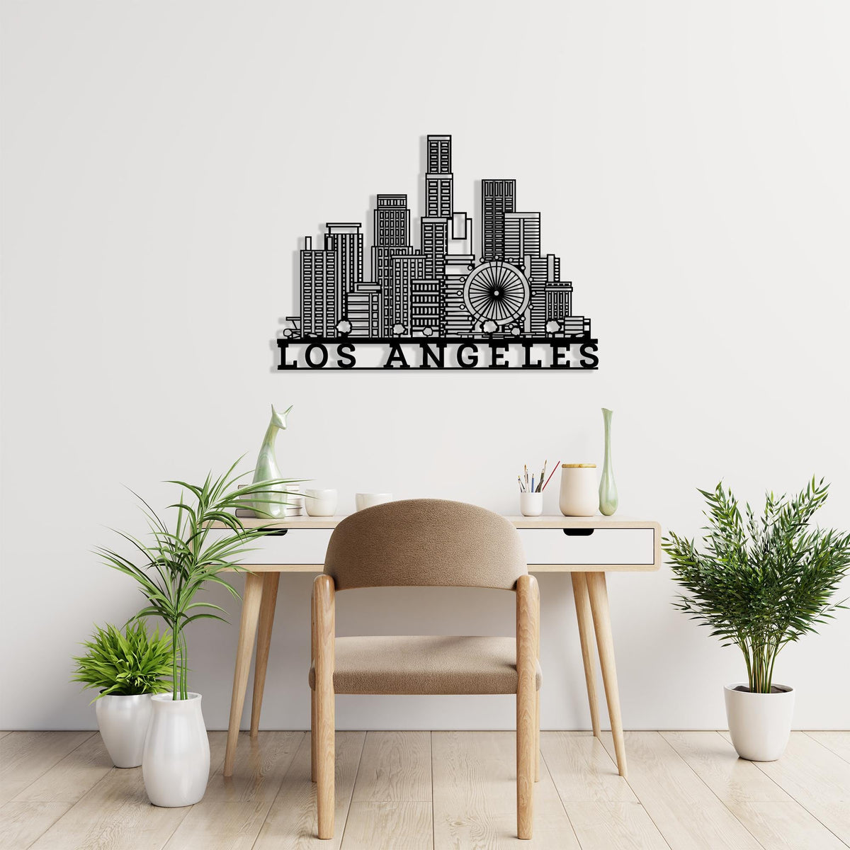 Los Angeles Skyline Metal Wall Art shown on a living room wall
