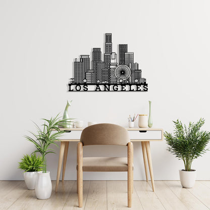 Los Angeles Skyline Metal Wall Art shown on a living room wall