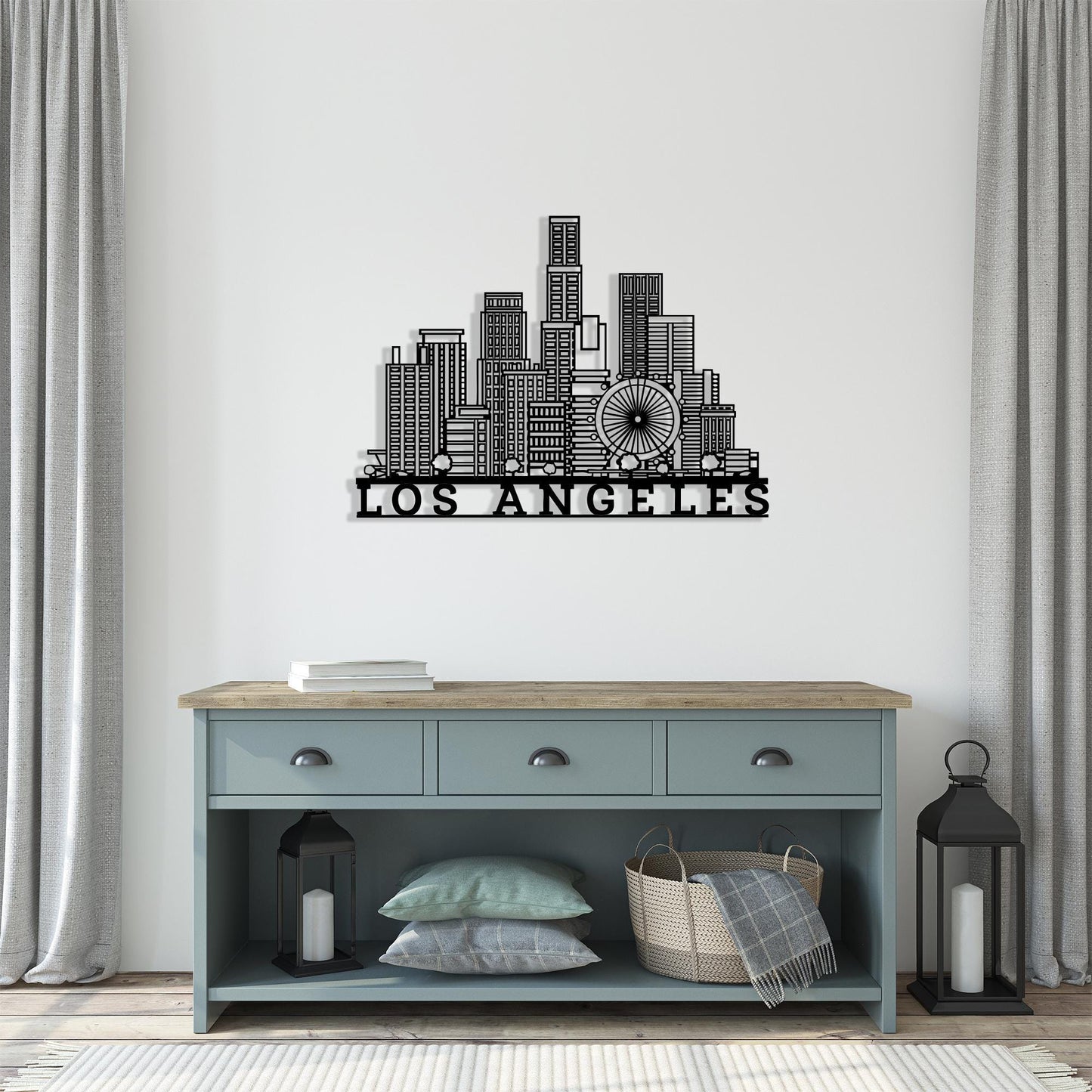 Los Angeles Skyline Metal Wall Art size guide with dimensions in cm and inches