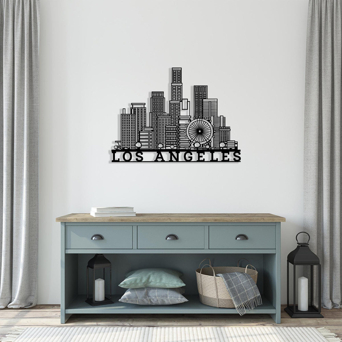 Los Angeles Skyline Metal Wall Art size guide with dimensions in cm and inches