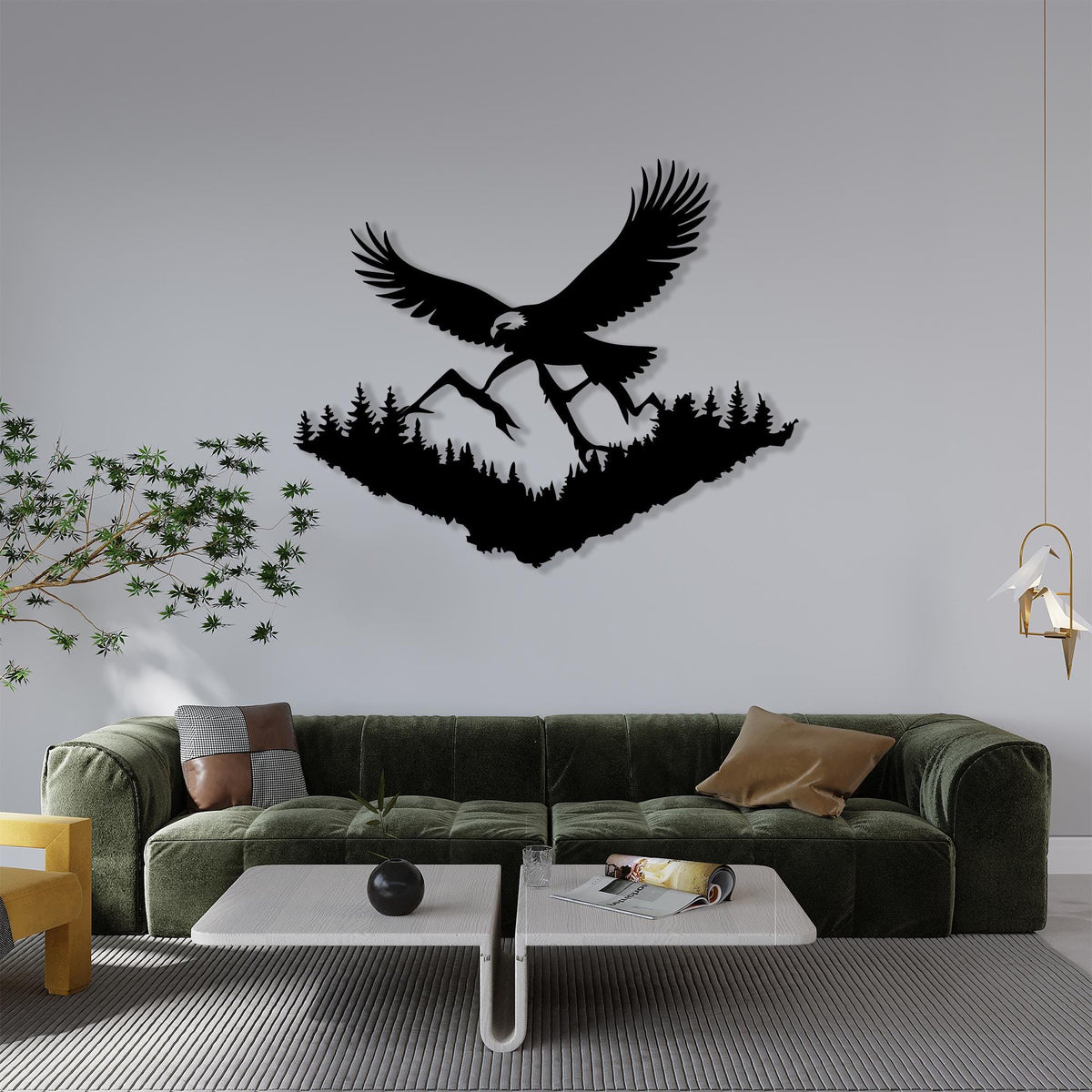 Eagle Mountain Metal Wall Art size guide with dimensions in cm and inches