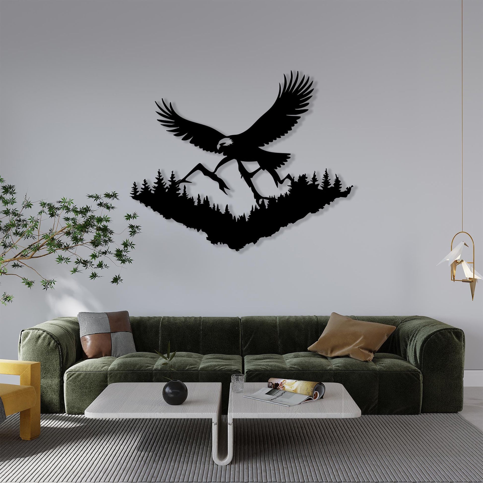 Eagle Mountain Metal Wall Art size guide with dimensions in cm and inches