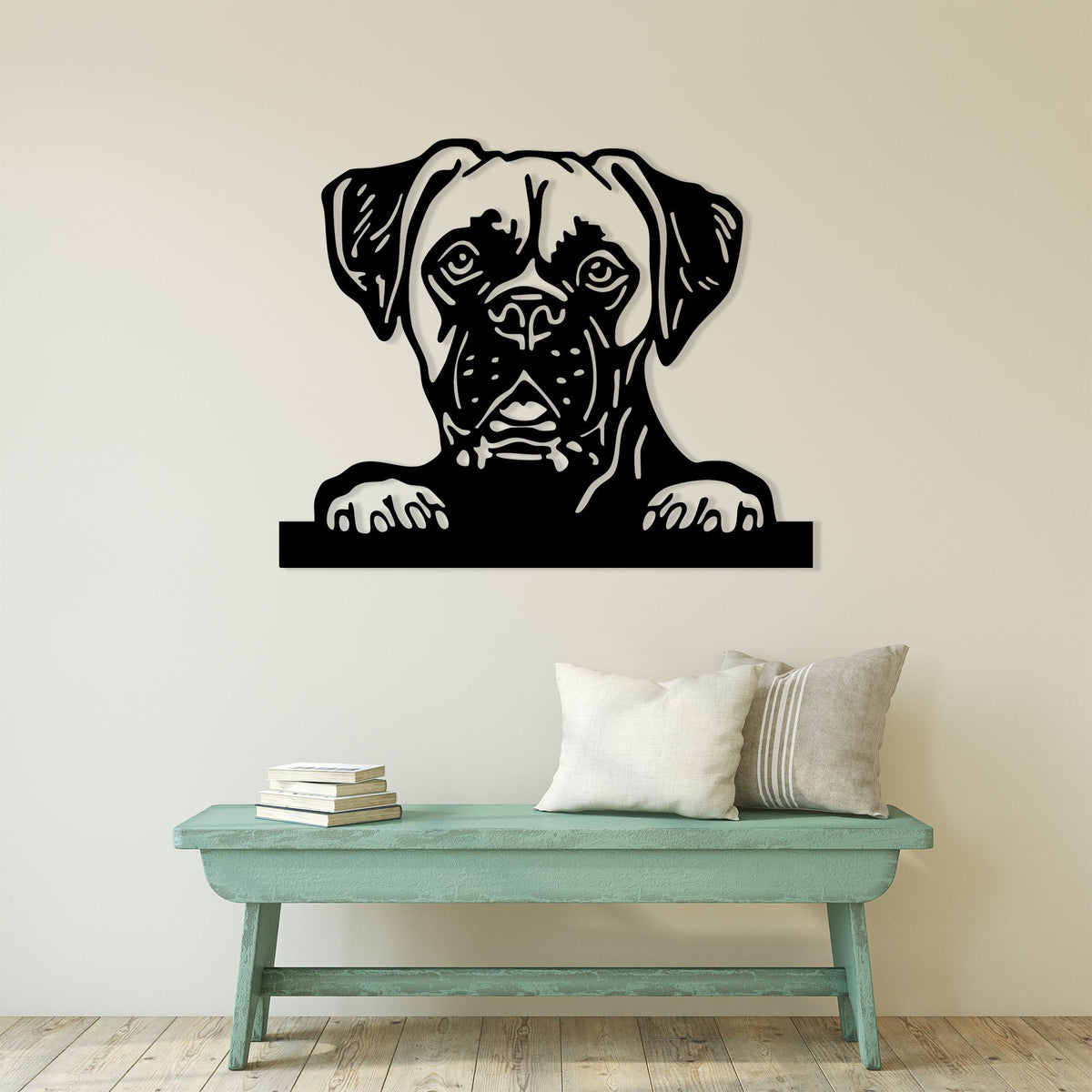 Boxer Dog Metal Wall Art shown on a living room wall