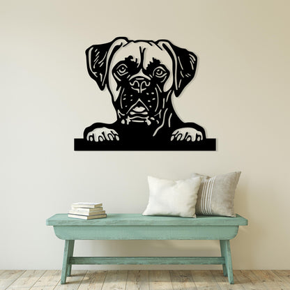 Boxer Dog Metal Wall Art shown on a living room wall
