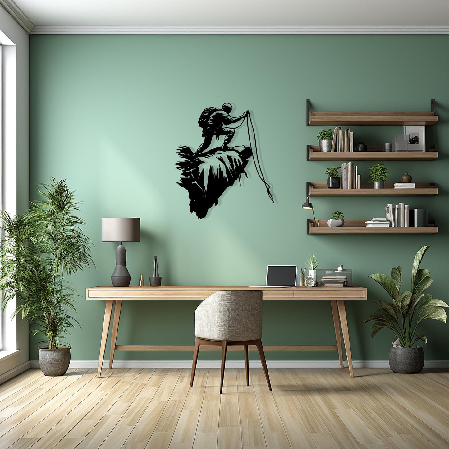 Rock Climber Metal Wall Art in a modern hallway