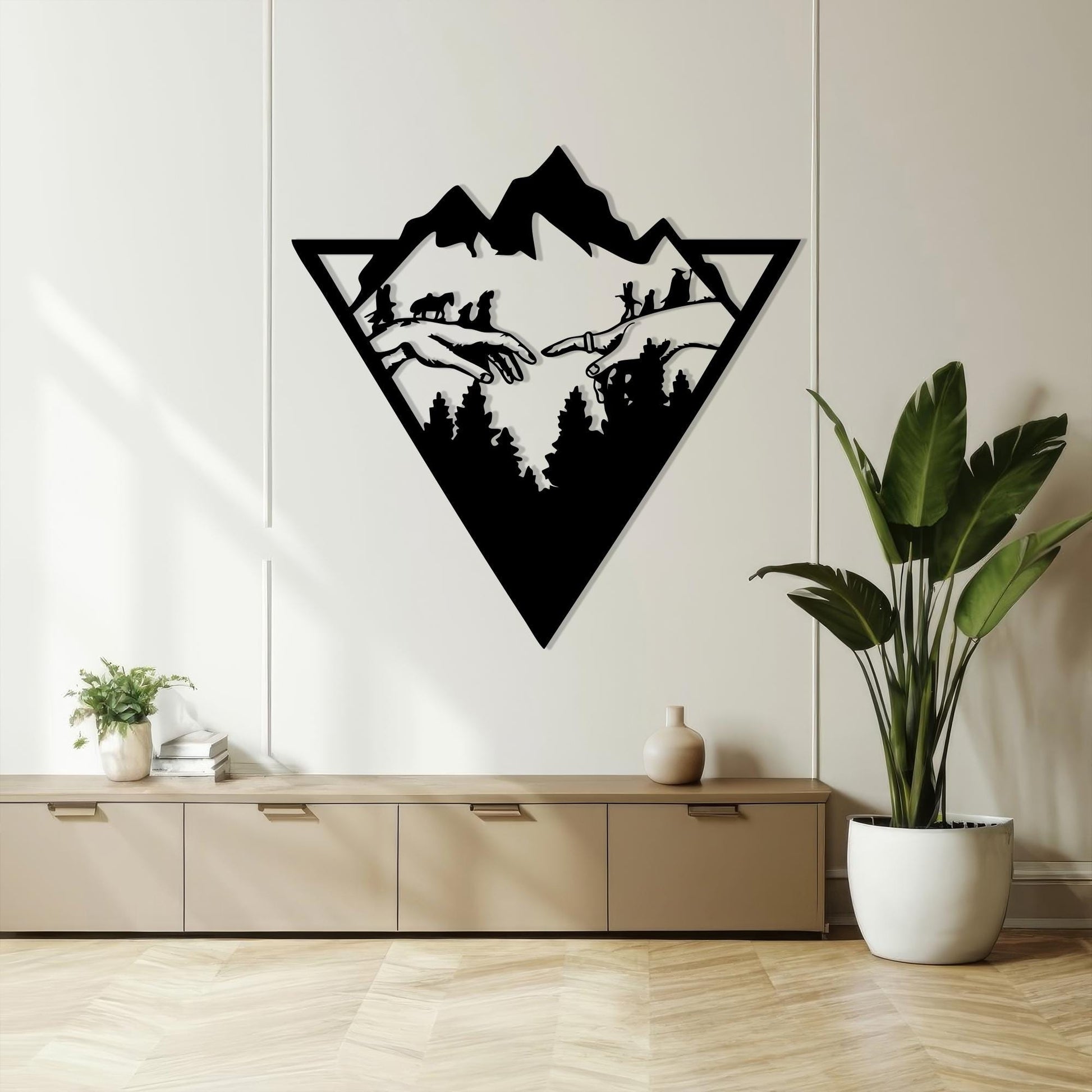 Geometric Mountain Metal Wall Art hanging hardware and mounting detail