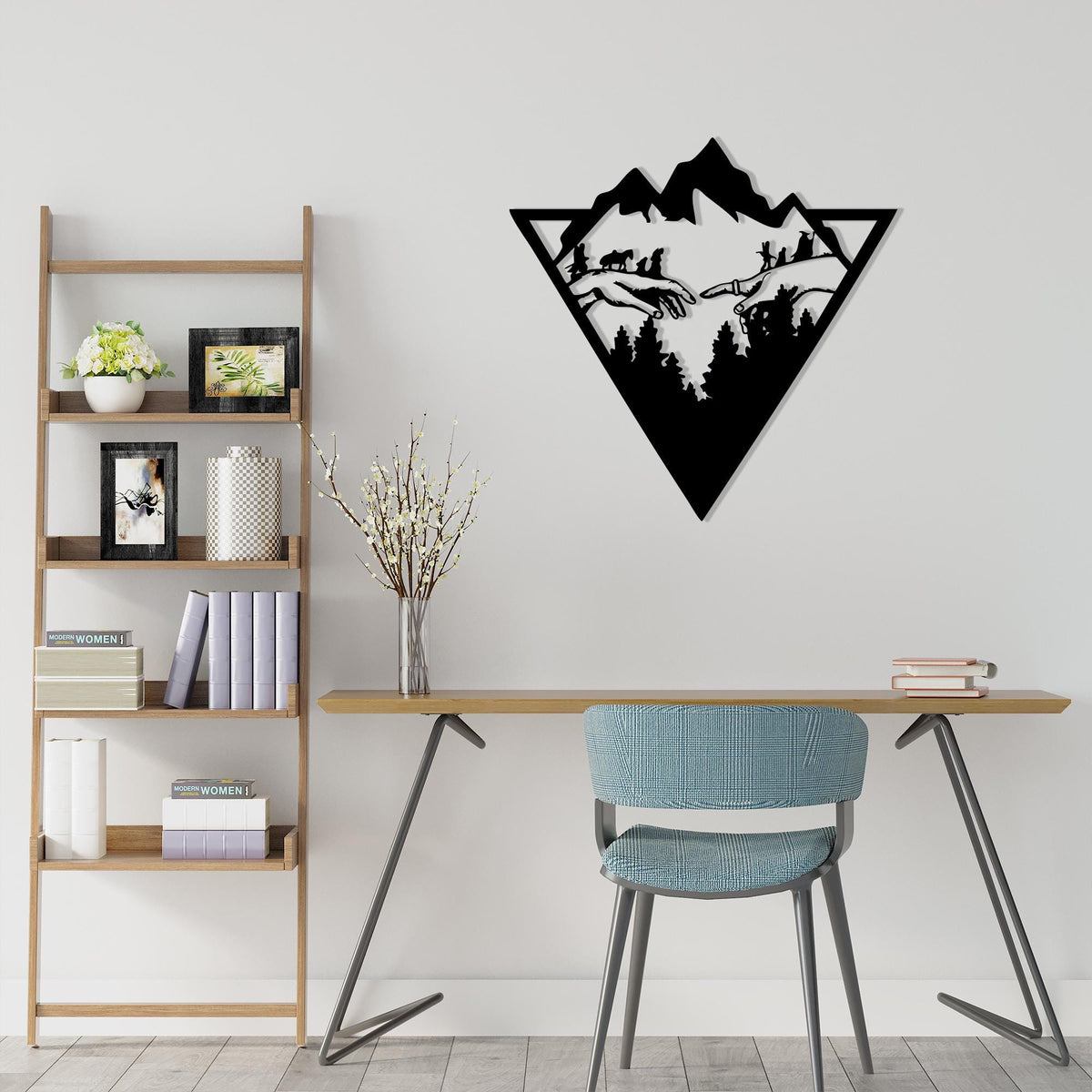 Geometric Mountain Metal Wall Art styled above a sofa