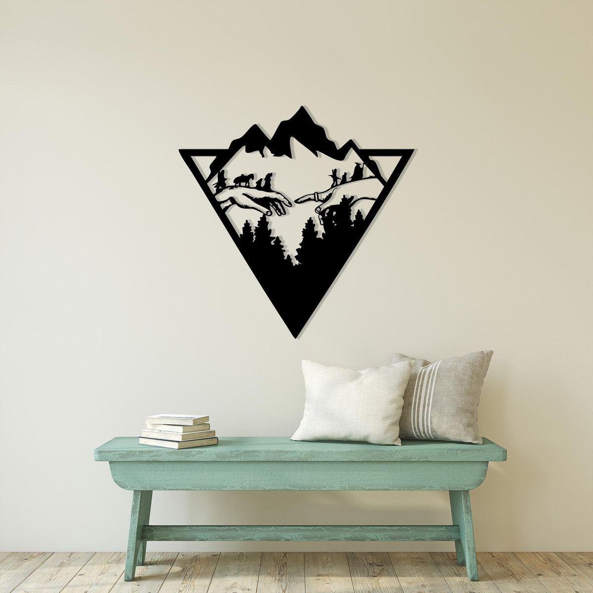 Geometric Mountain Metal Wall Art size guide with dimensions in cm and inches