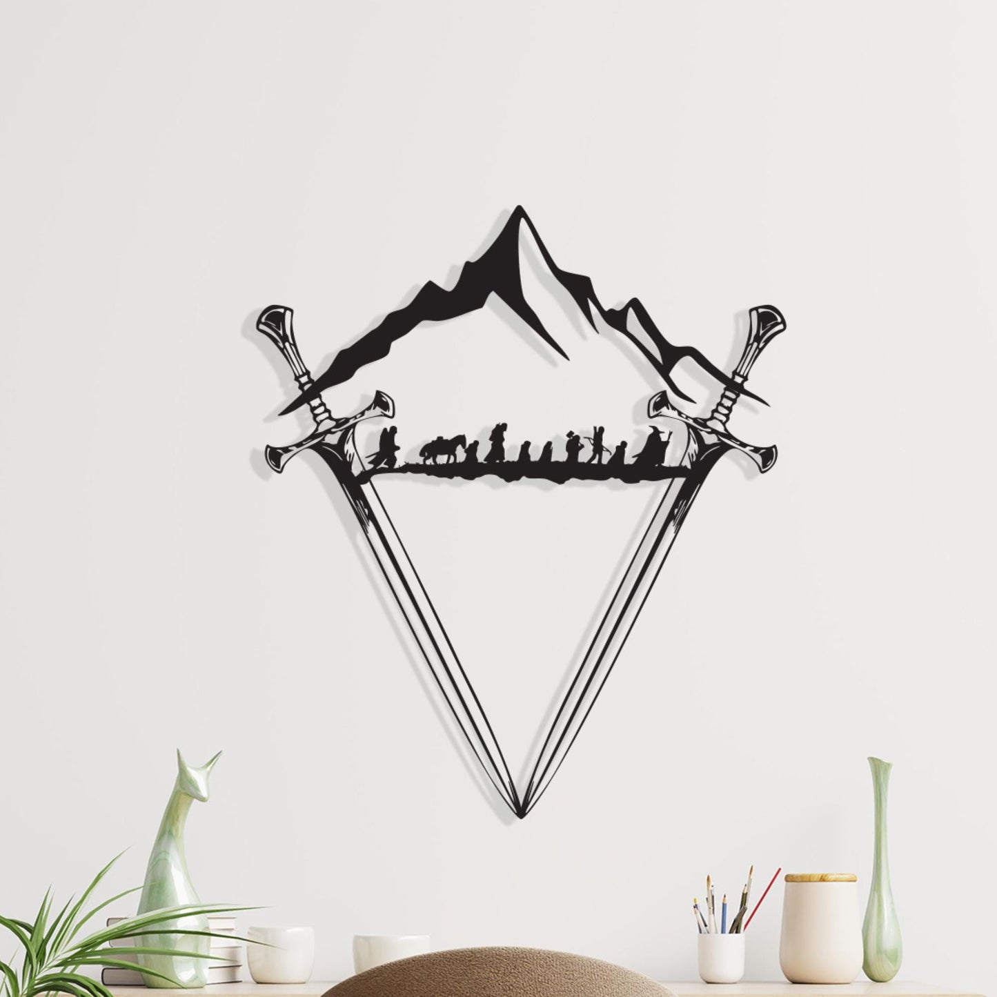 Fantasy Sword Metal Wall Art, Mountain Scene, Heroic Silhouette, Unique Birthday Gift