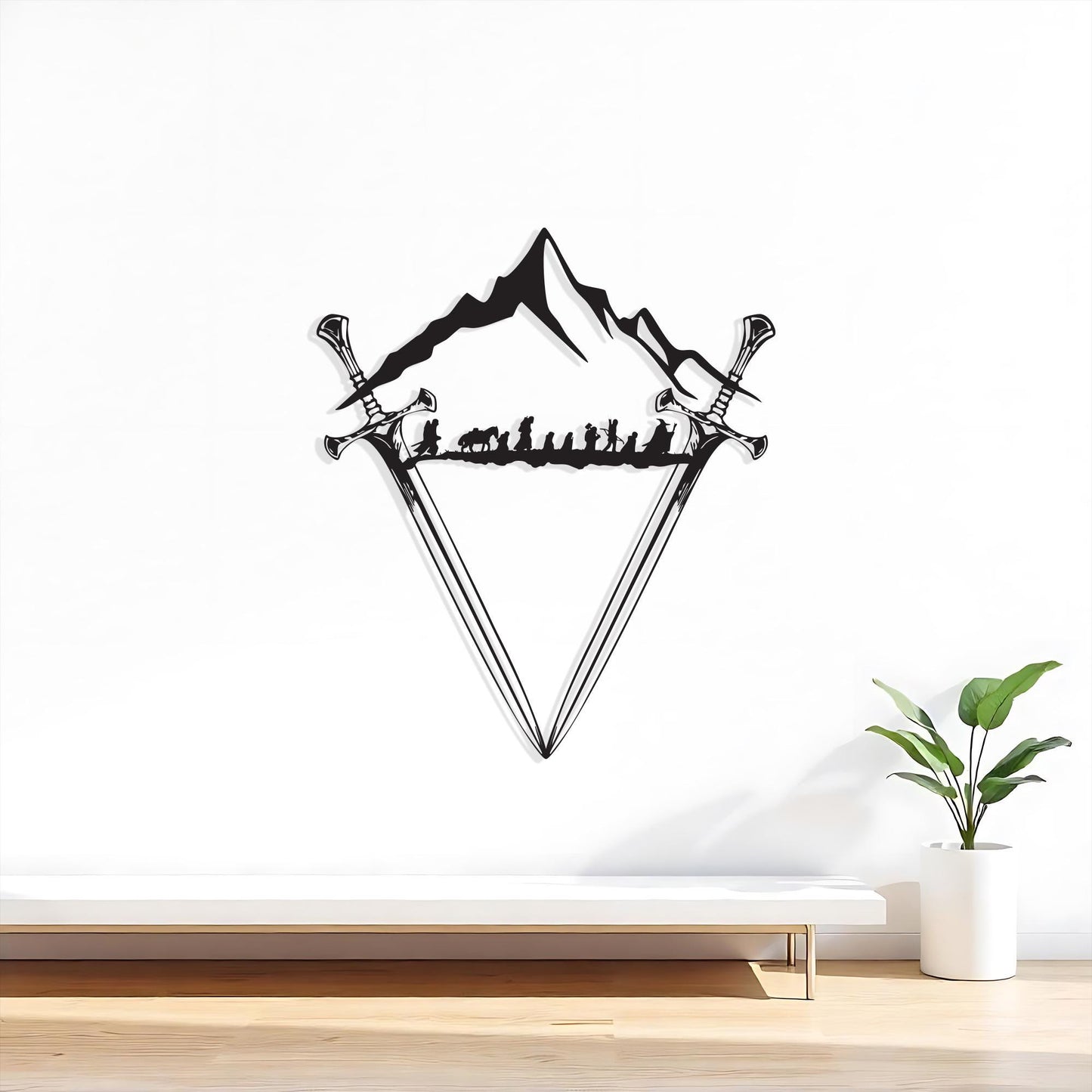 Fantasy Sword Metal Wall Art, Mountain Scene, Heroic Silhouette, Unique Birthday Gift