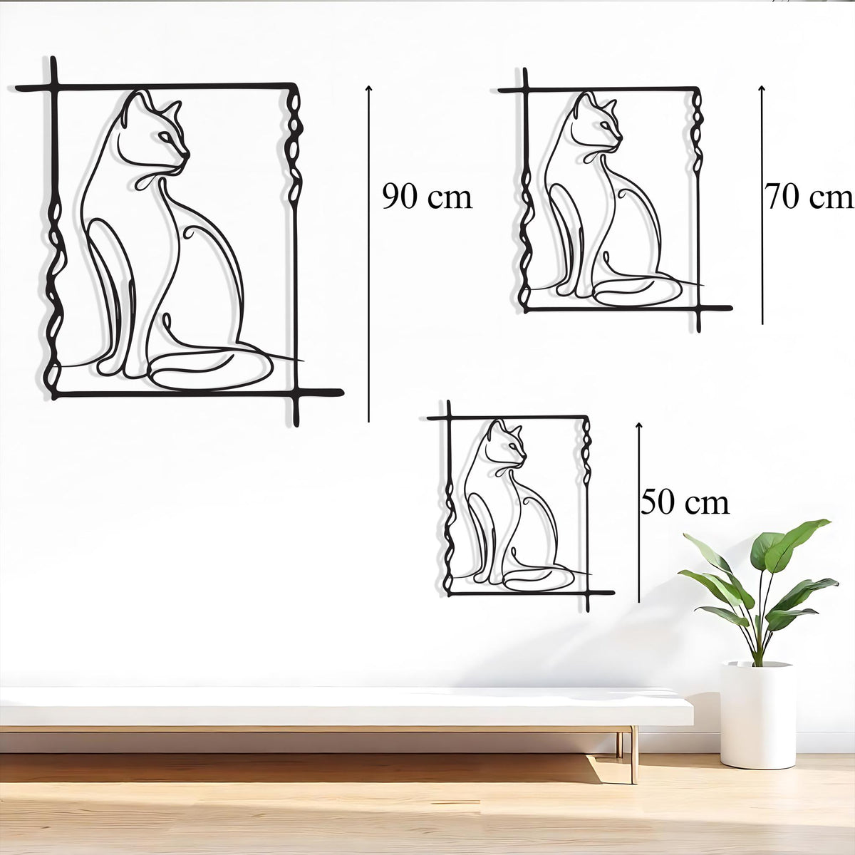 Minimalist Cat Line Art size guide with dimensions in cm and inches