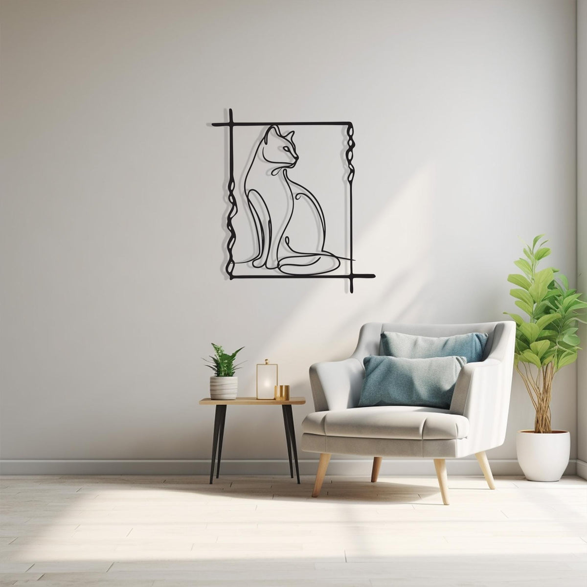 Minimalist Cat Line Art in a modern hallway