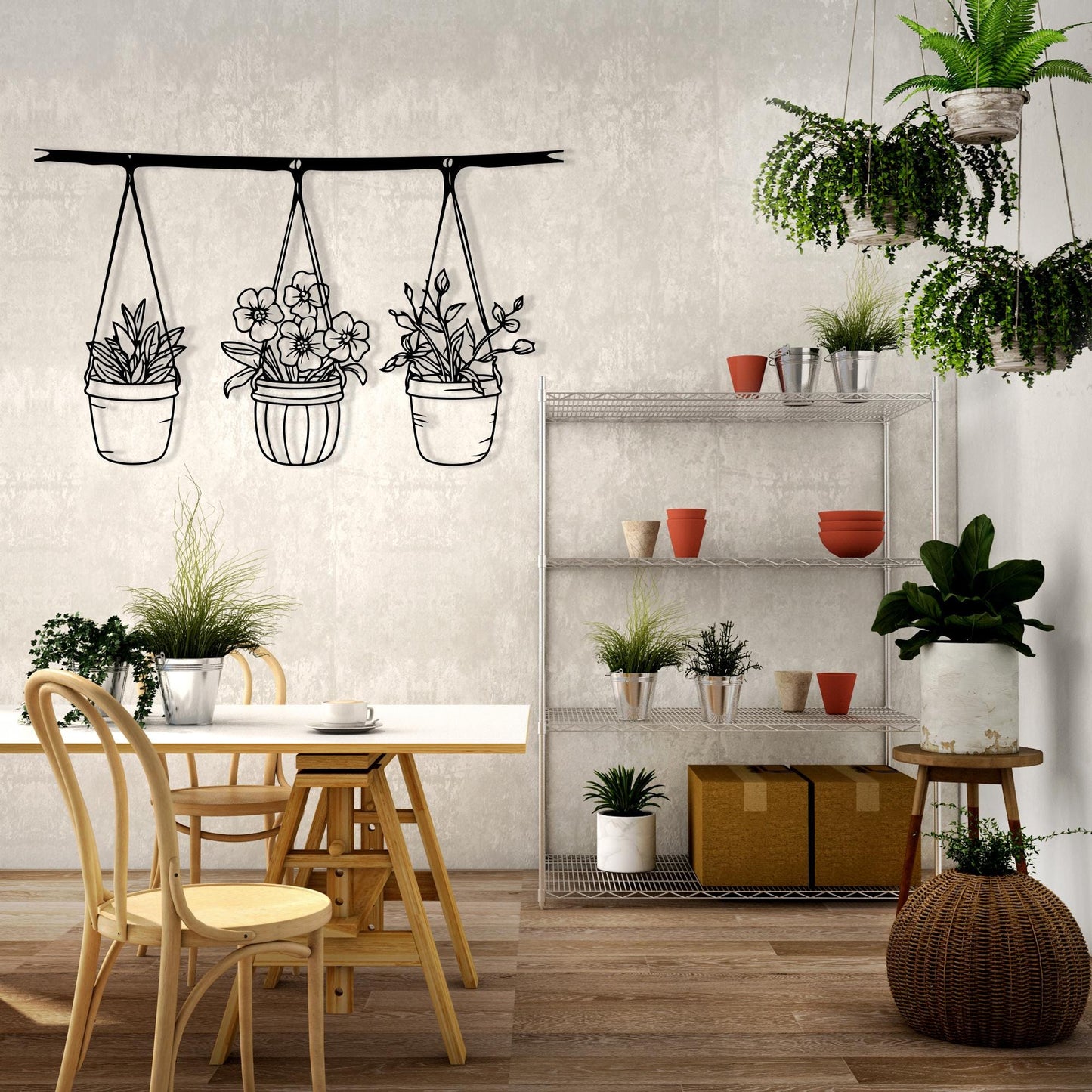 Botanical Metal Hanging Planter Wall Art in a modern hallway