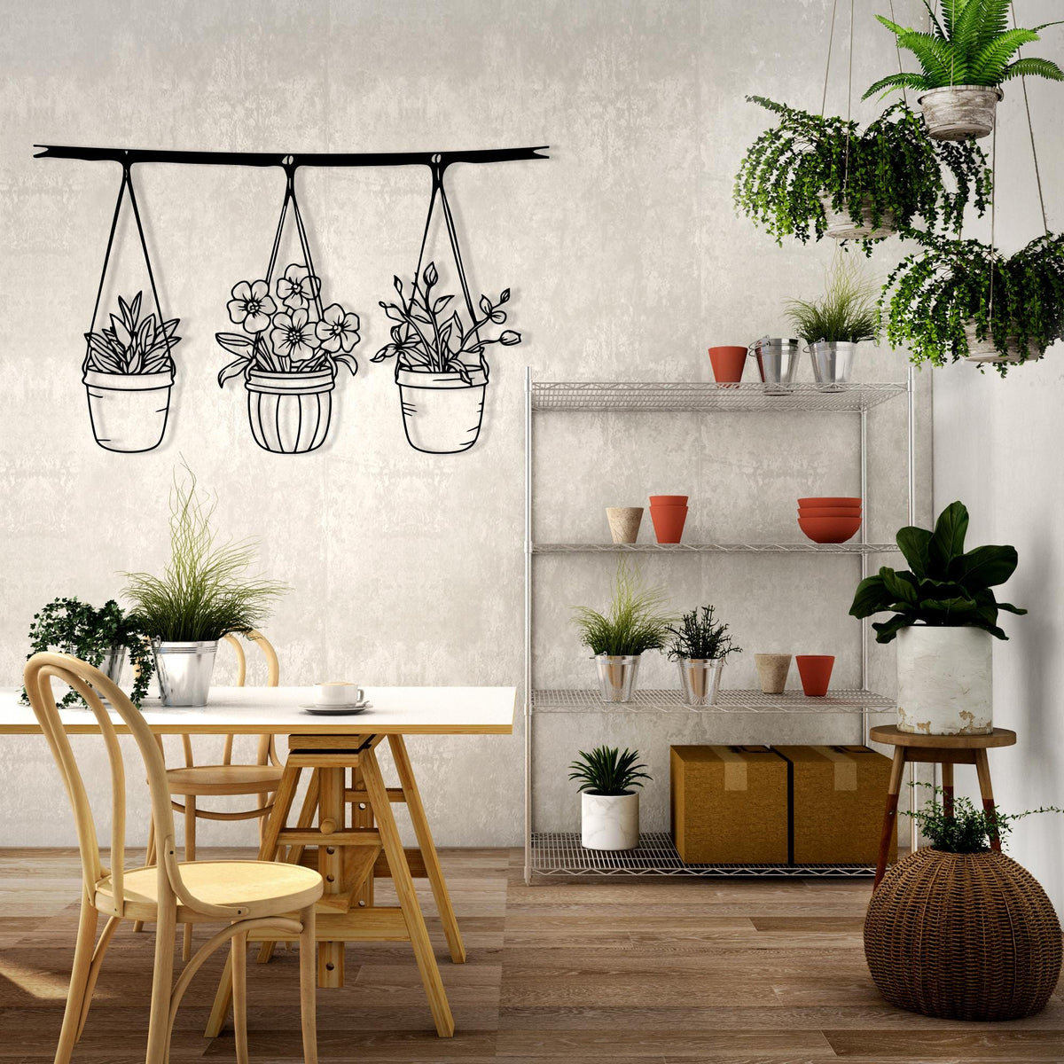 Botanical Metal Hanging Planter Wall Art in a modern hallway