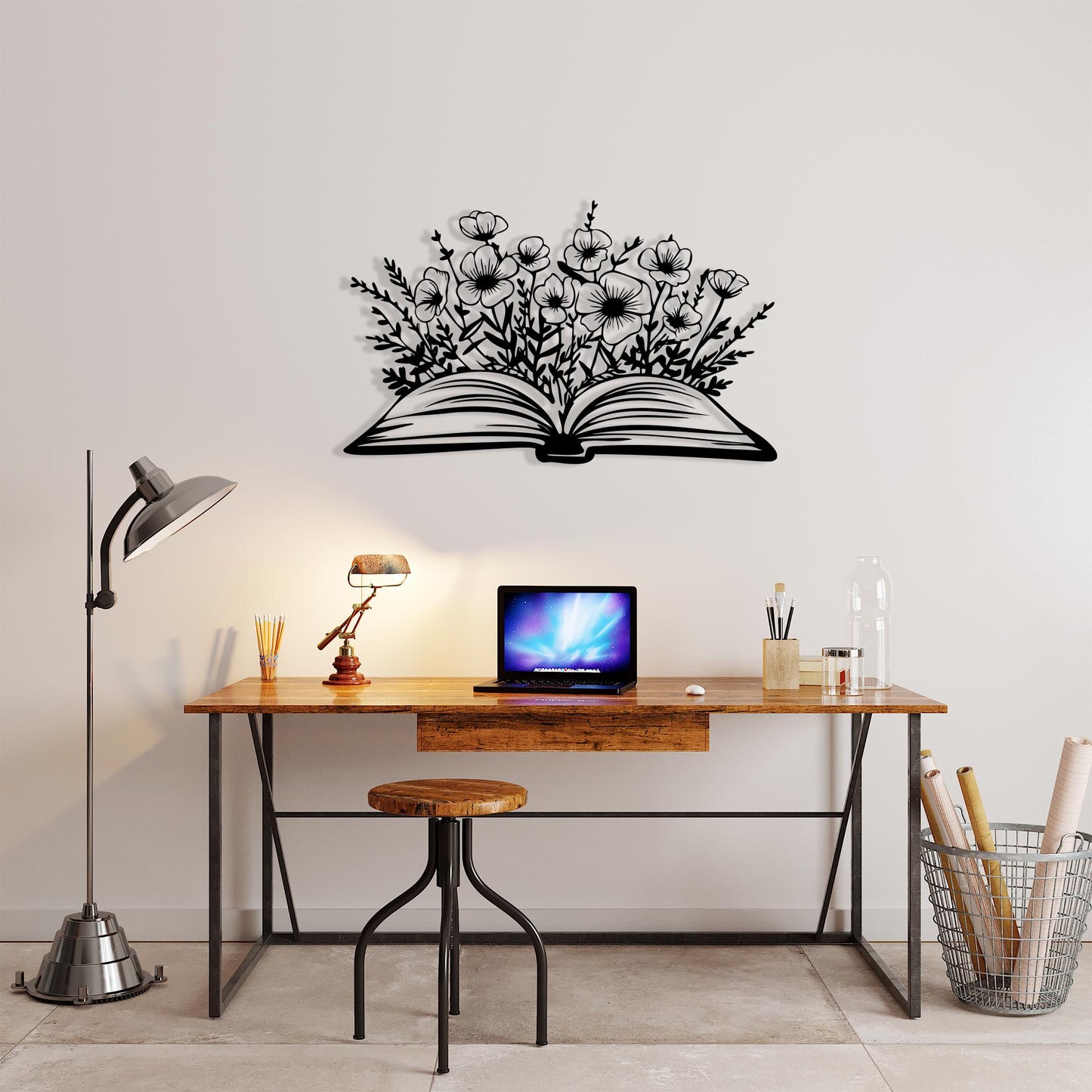 Book and Flowers Metal Wall Art hanging hardware and mounting detail