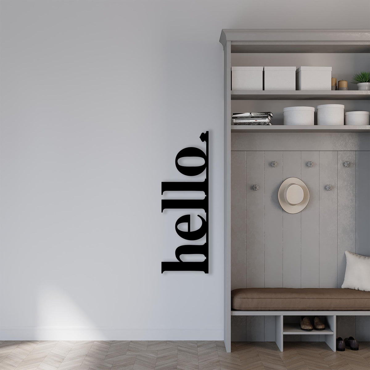 Modern Hello Metal Wall Art hanging hardware and mounting detail