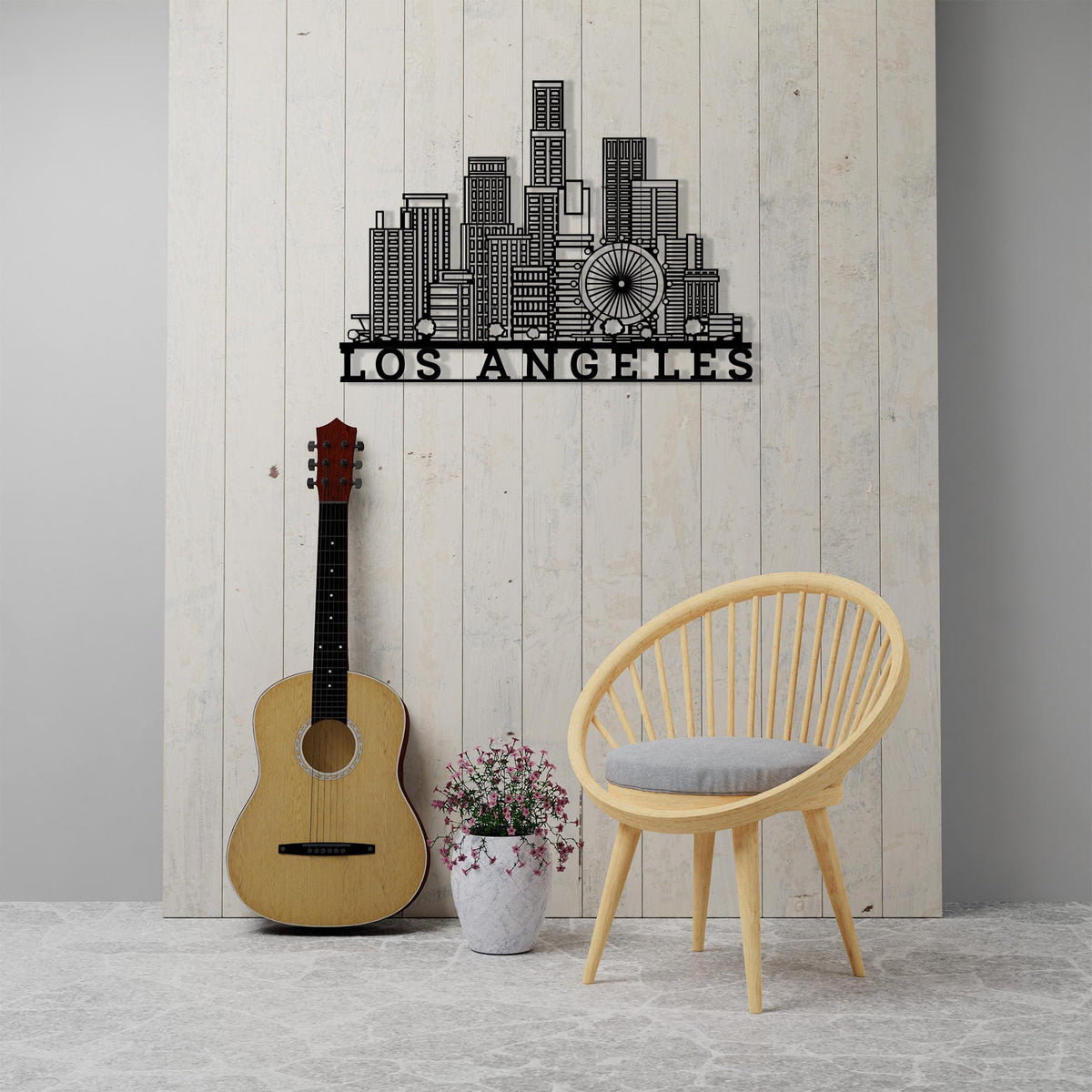 Los Angeles Skyline Metal Wall Art styled above a sofa