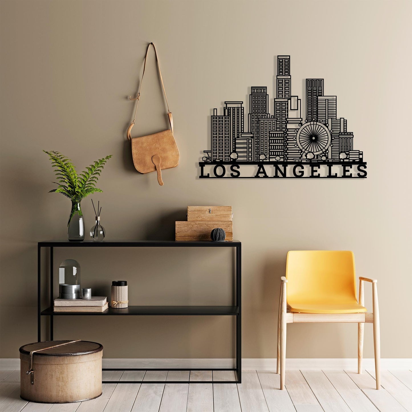 Los Angeles Skyline Metal Wall Art in a modern hallway