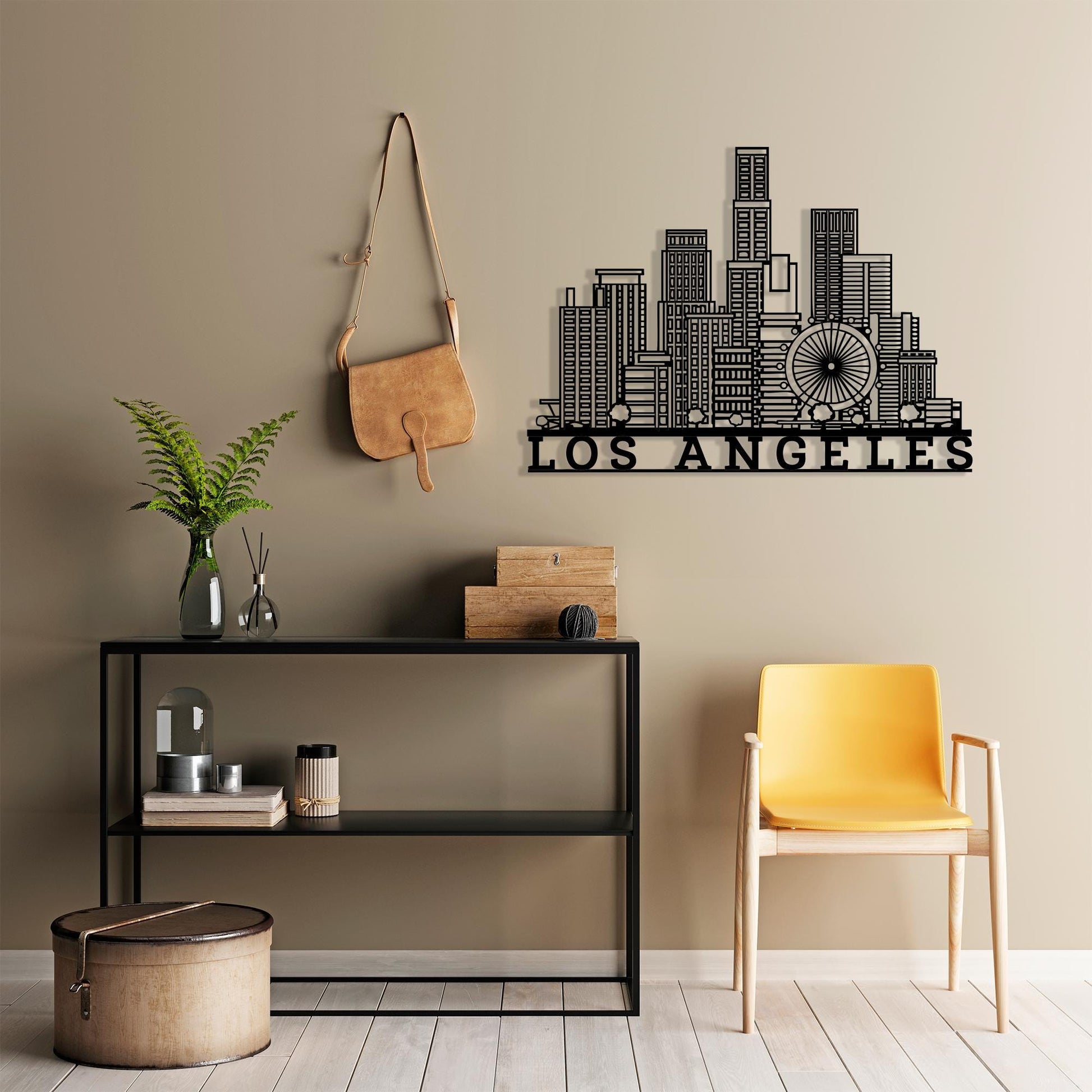 Los Angeles Skyline Metal Wall Art in a modern hallway