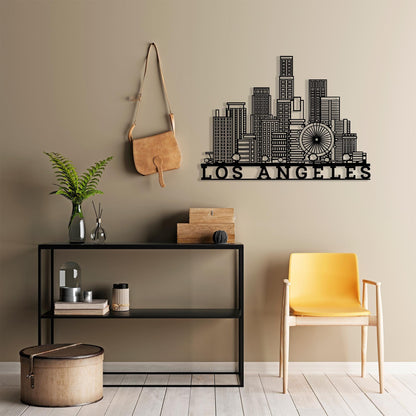 Los Angeles Skyline Metal Wall Art in a modern hallway