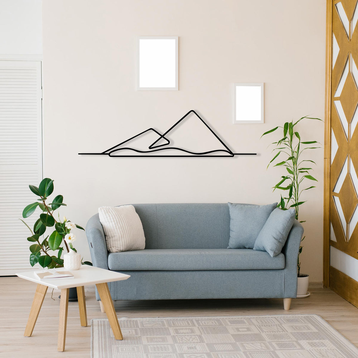 Minimalist Mountain Metal Wall Art in a modern hallway