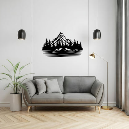 Black Metal Mountain Lake Wall Art – laser-cut steel wall decor