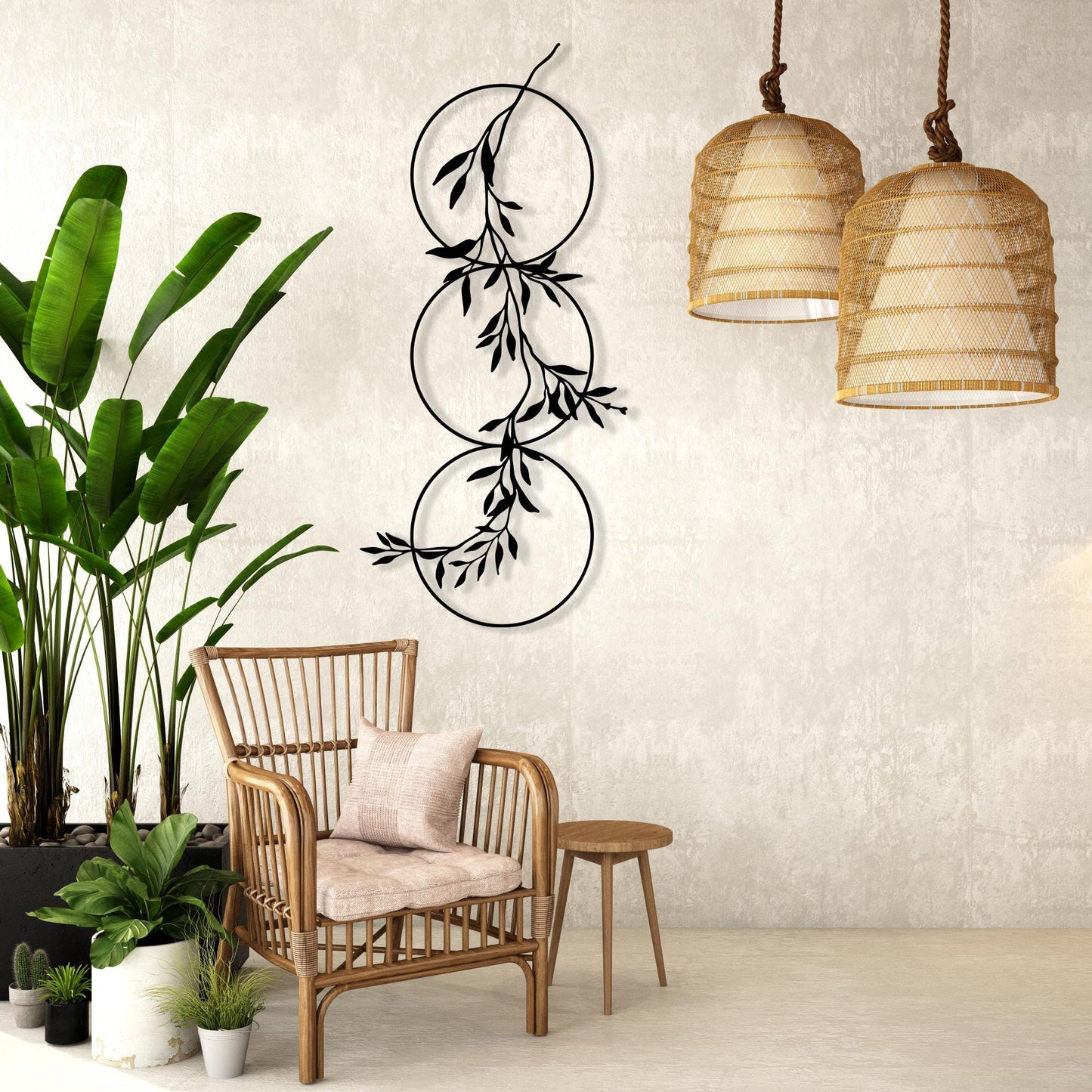 Vertical Metal Wall Art, Botanical Olive Branch, 3 Circle Vine Decor, Narrow Hallway Sign | Wallsignature