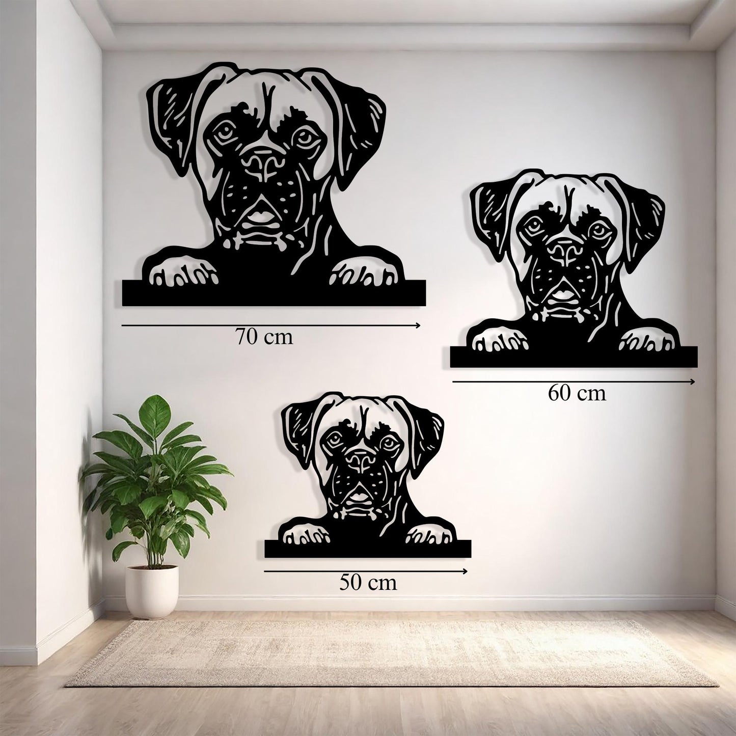 Boxer Dog Metal Wall Art styled above a sofa