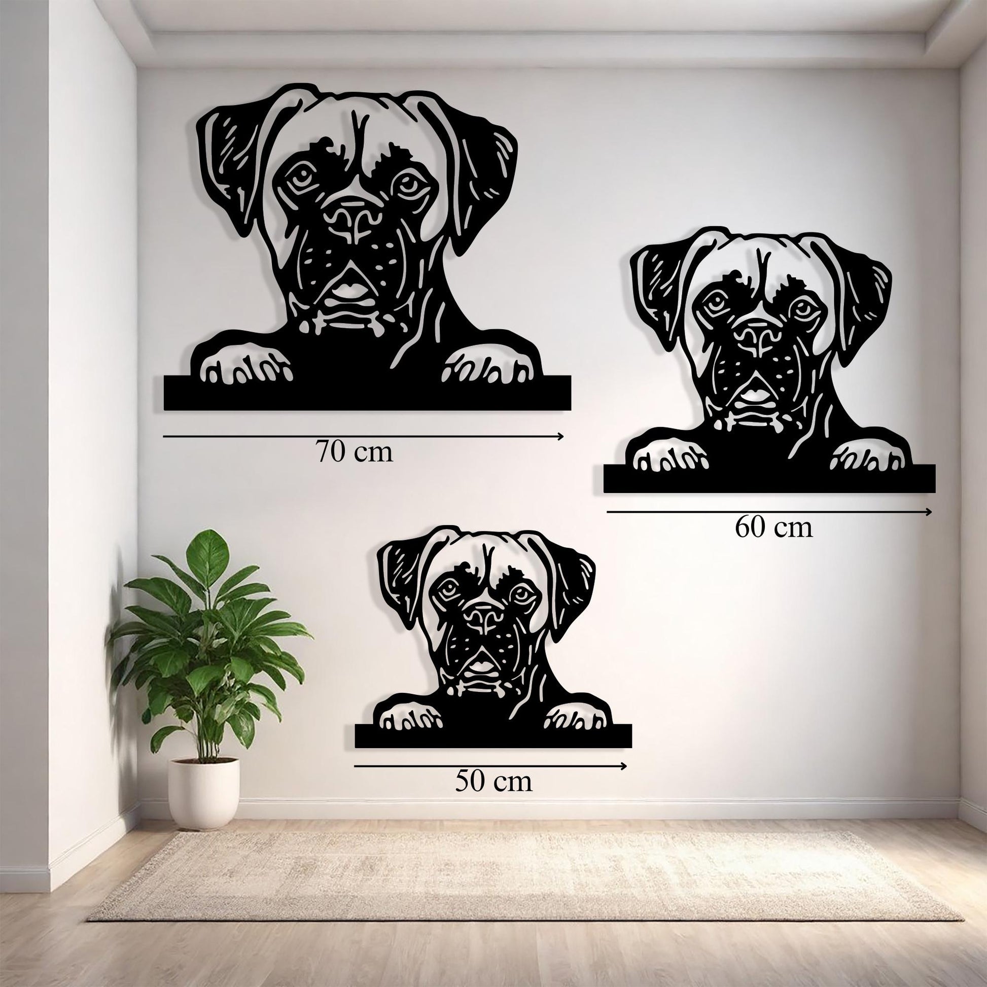 Boxer Dog Metal Wall Art styled above a sofa