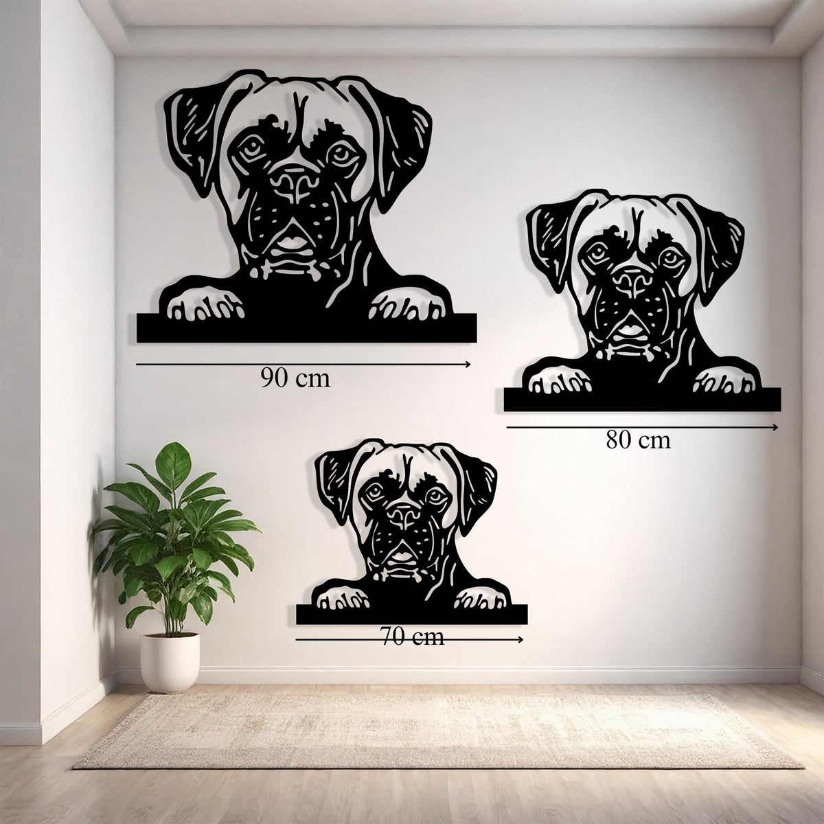Boxer Dog Metal Wall Art size guide with dimensions in cm and inches