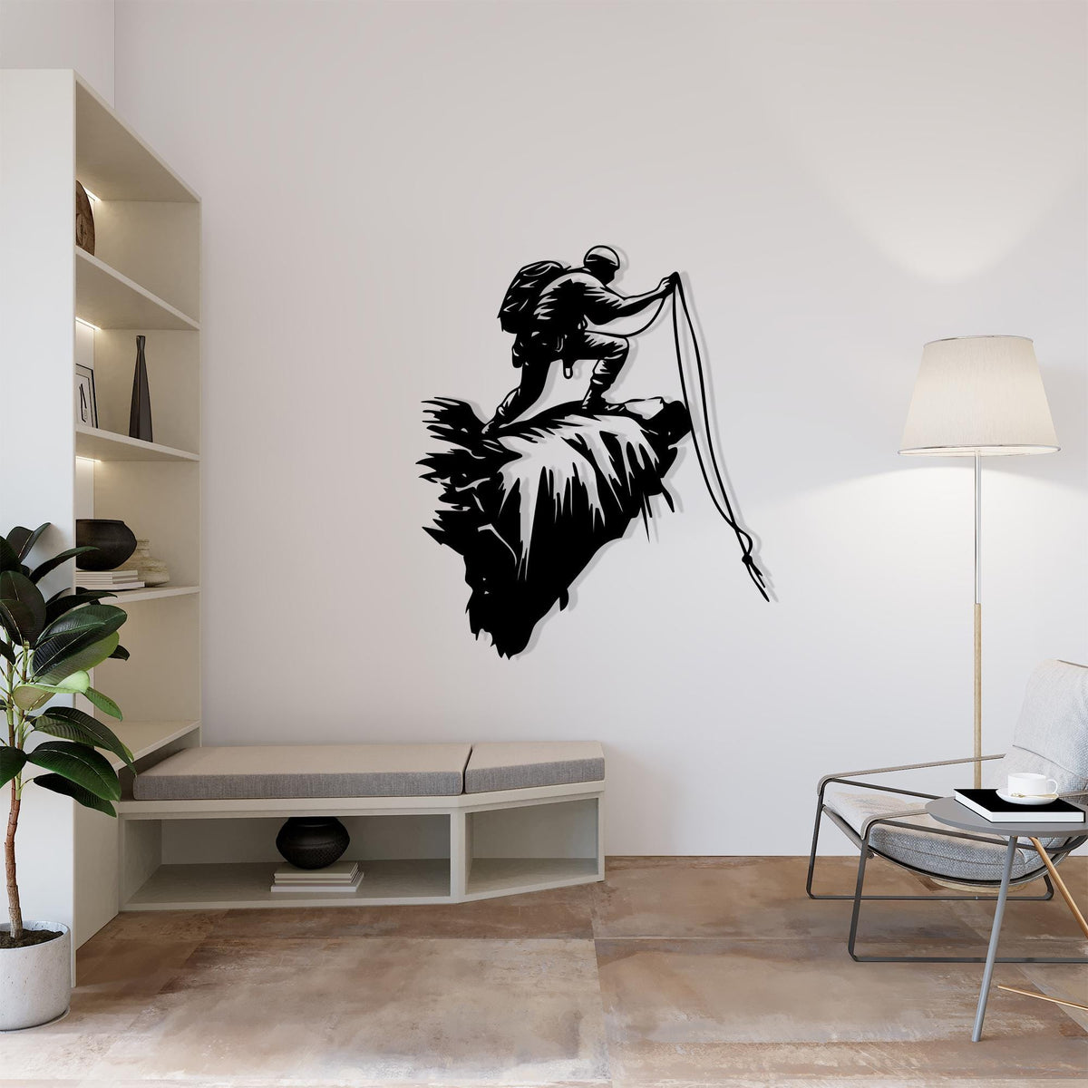 Rock Climber Metal Wall Art styled above a sofa