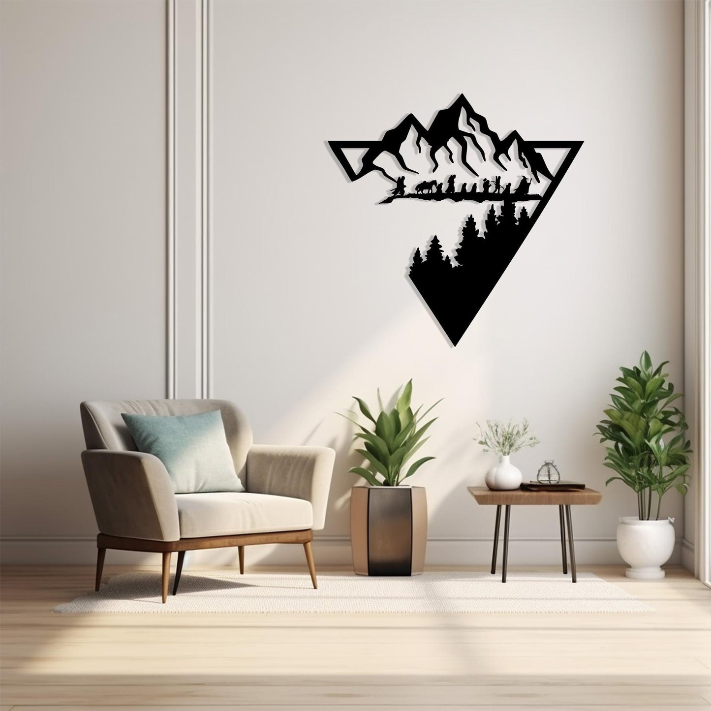 Geometric Mountain Metal Wall Art in a modern hallway