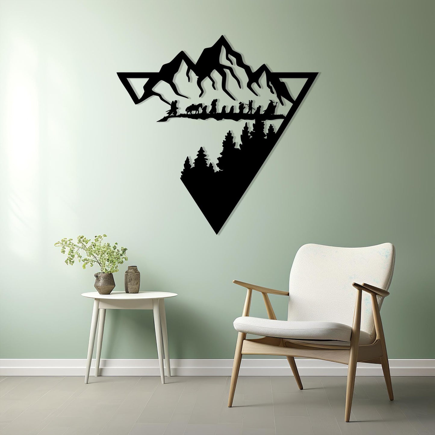 Geometric Mountain Metal Wall Art shown on a living room wall