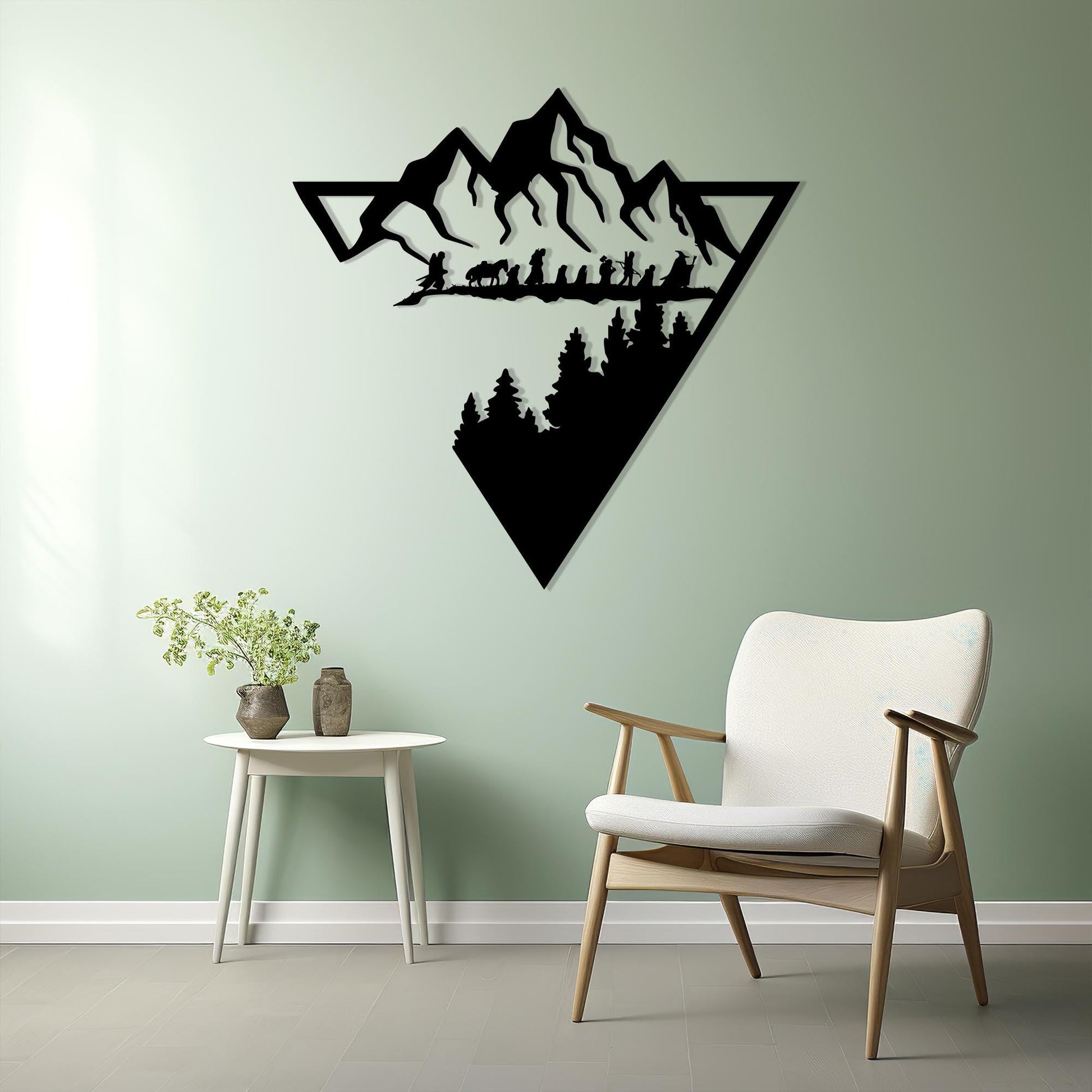 Geometric Mountain Metal Wall Art shown on a living room wall
