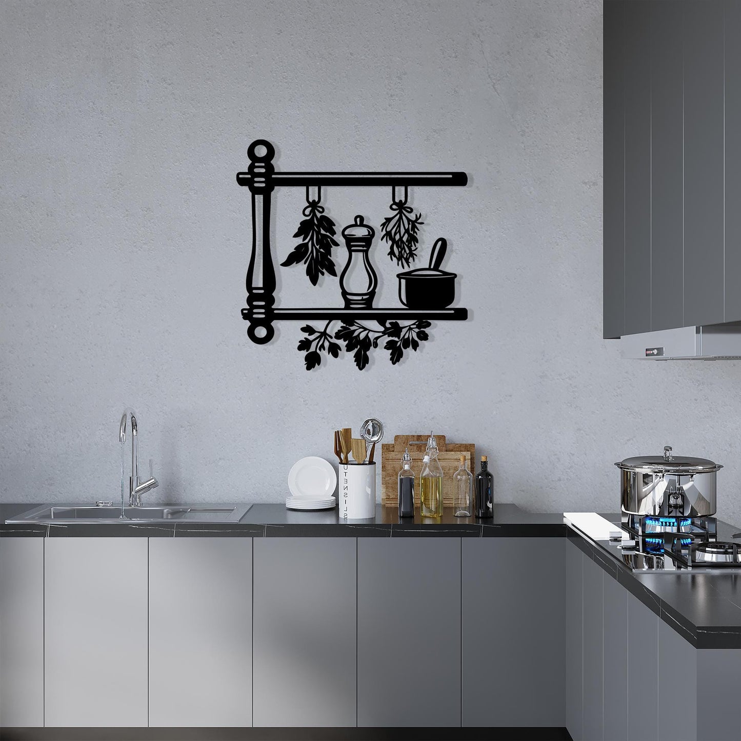 Black Metal Kitchen Herb Shelf, Rustic Farmhouse Wall Art, Unique Birthday Gift, Mother's Day